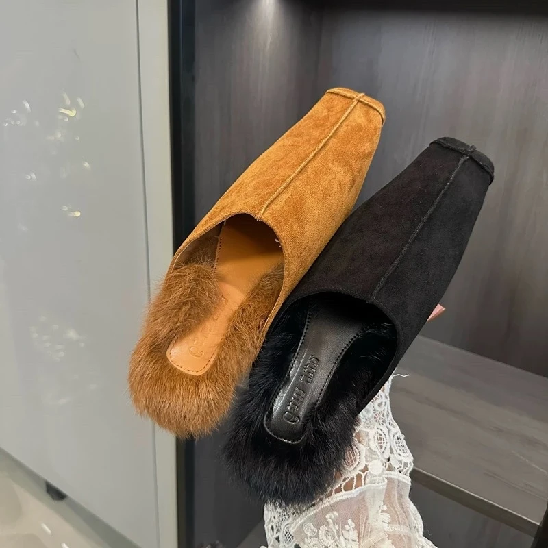 

Square Toe Mules Shoes Wome Suede Casual Slippers Fur New Brown Black Fashion Flat Slides Outdoors Slip on Furry Lazy Shoes