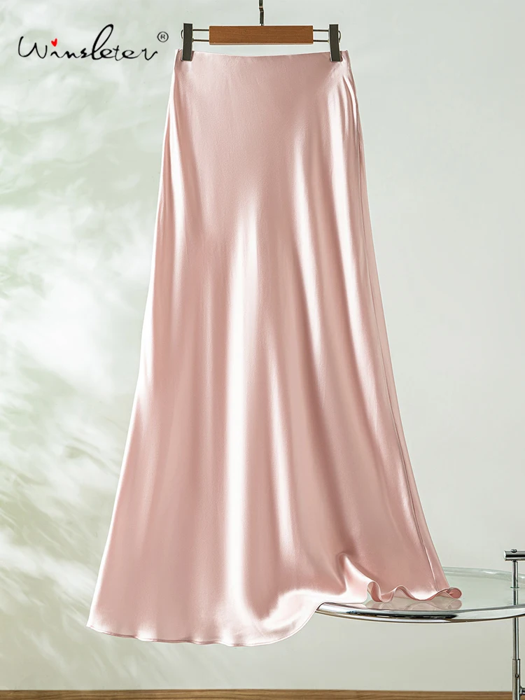 Winsleter-100%Real Silk Satin Plain Elegant Skirts, Elastic High Waist Solid, Women Basic Trumpet Skirts, 2026 Summer B64074CC