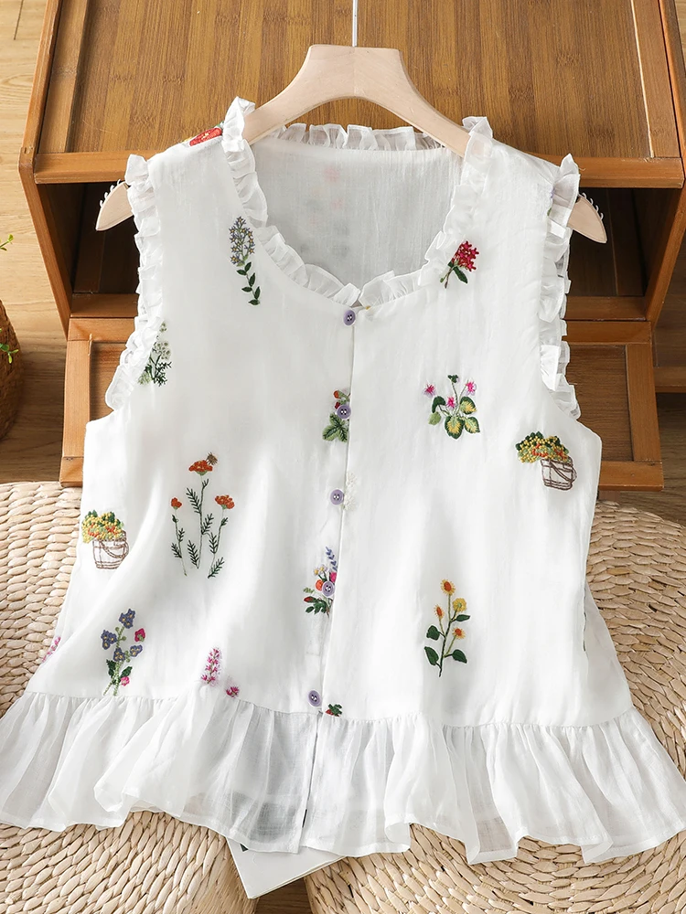 

Elegant Embroidered Cotton Linen Sleeveless Shirt Women Summer Floral Splice Anti-aging Vest Top Thin Regular Fit Button...
