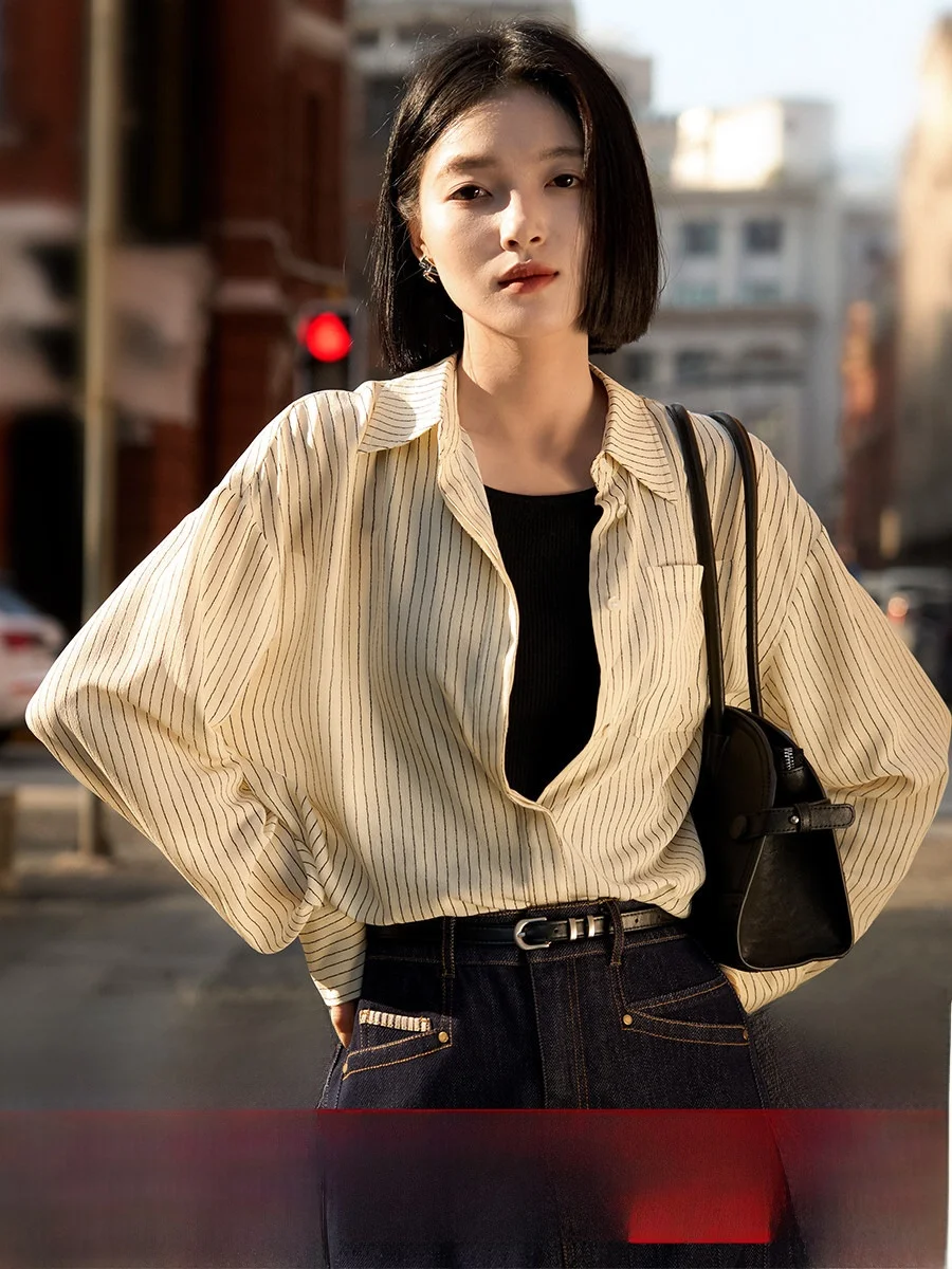 

Silk Long Sve irt Poetic Touch Bot Stripe Turn-down Collar Women's Comfortable Breathable Casual Faion