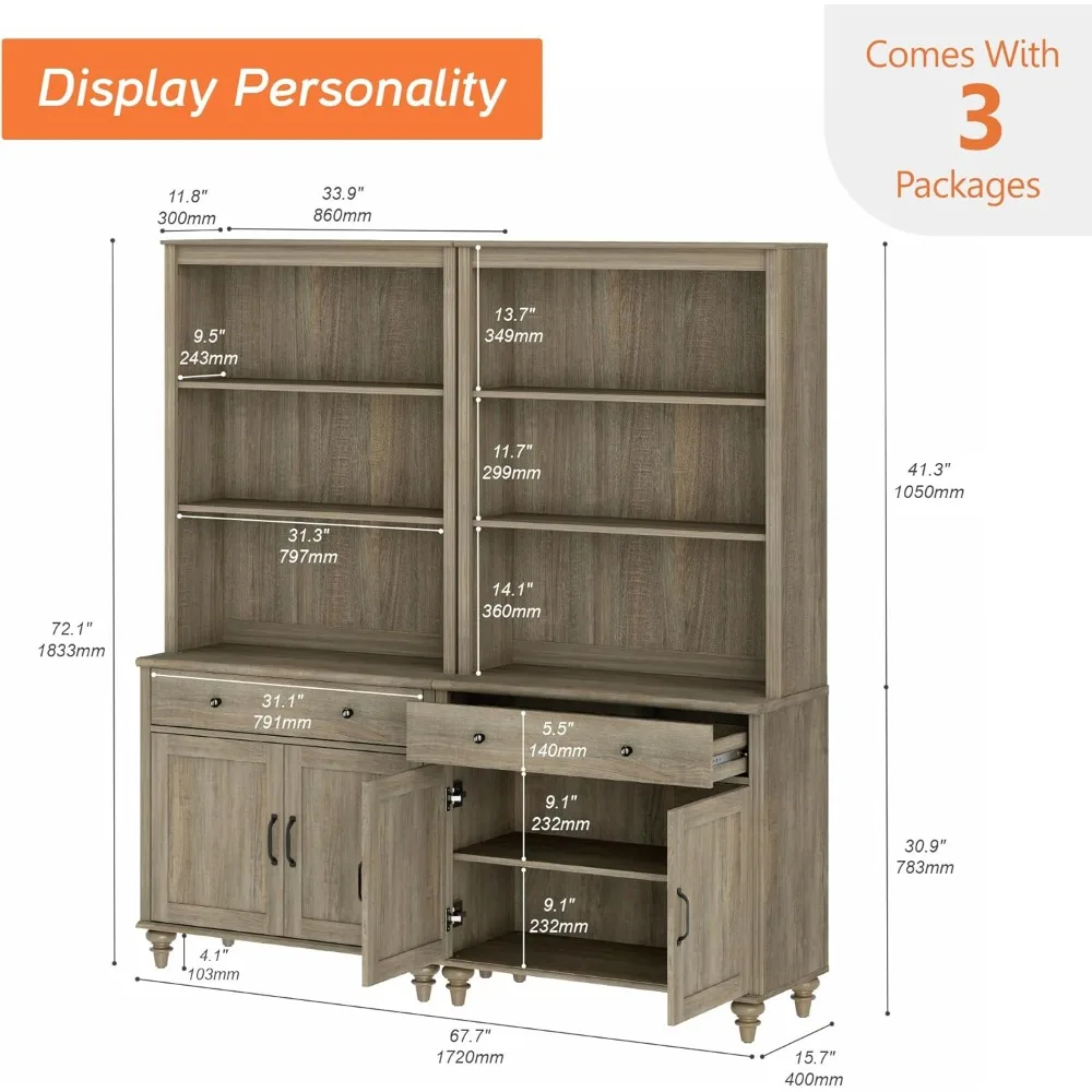 خزانة كتب كبيرة على طراز المزرعة بطول 72 طويلًا مكونة من 5 طبقات مع أبواب الحظيرة وخزانة تخزين ودرجين للعرض والتنظيم #2