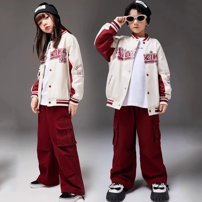 

2024 Ballroom Hip Hop Dance Costumes For Kids Sports Jacket Red Cargo Pants Streetwear Girls Boys Jazz Stage Clothes DQS15420