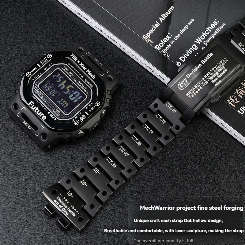 مجموعة Mecha Warrior لـ Casio GMW-B5000 - حافظة كاملة من الفولاذ المقاوم للصدأ بإطار مخصص وسوار معصم، وضع عالي التحمل لمربع G-Shock