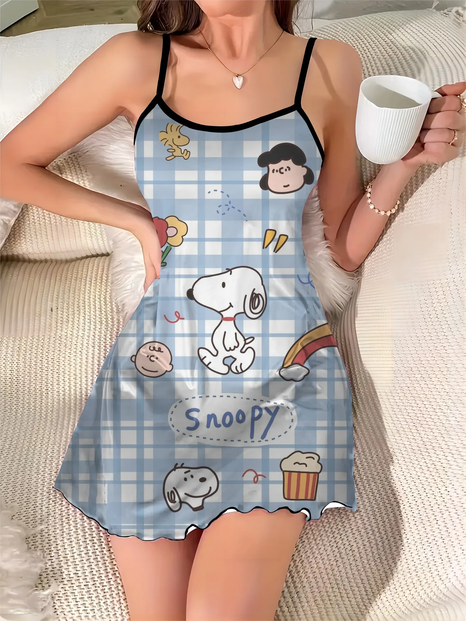 Snoopy Satin Surface Sexy Dress Elegant Dresses for Women Crew Neck Lettuce Trim Pajama Skirt Fashion Summer 2024 Chic Mini Trim