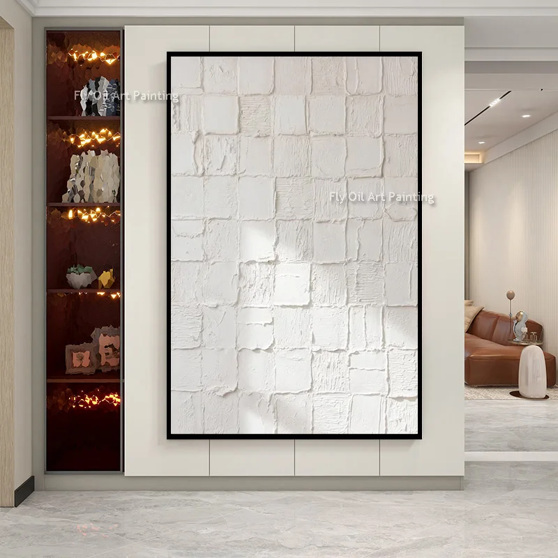 Impasto Hand‑Painted All‑White Abstract Oil Painting, 3D Plaster Textured Grid Canvas Art, Minimalist Wabi‑Sabi Wall Decor
