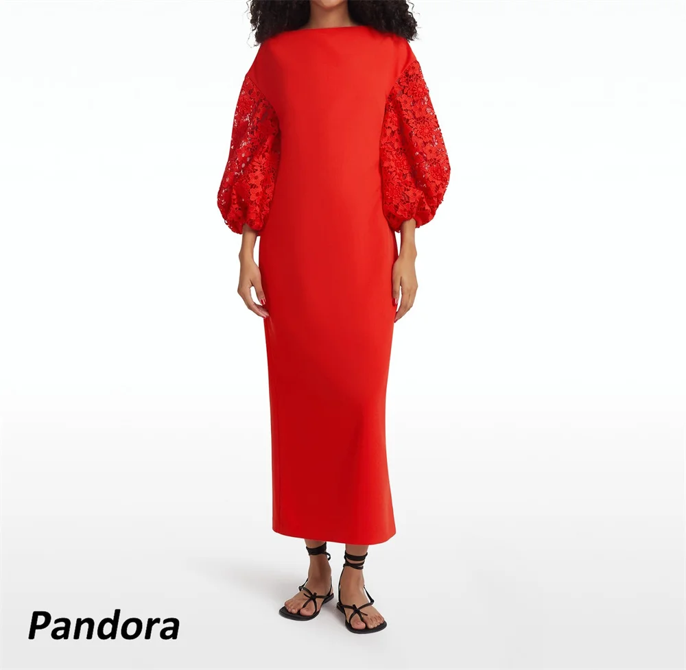 

Pandora Red Boat-Neck Mermaid Prom Dress Ankle Length With Lace Sleeves Evening Summer Elegant Party Dress For Women 2024