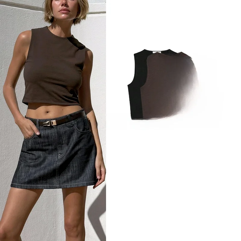 봄 여름 신상 여성 패션 미국 캐주얼 라운드 넥 민소매 숏탑 다용도 출퇴근 스타일 슬림 핏 폴리에스터 섬유