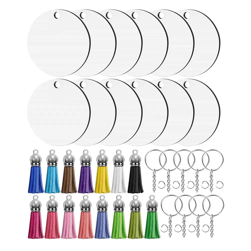 

30 set Wooden Keychain Diy Blank Sublimation Keychain Double-Sided Printed Pendant Craft Gift Circle Key Ring Tassel Decorative