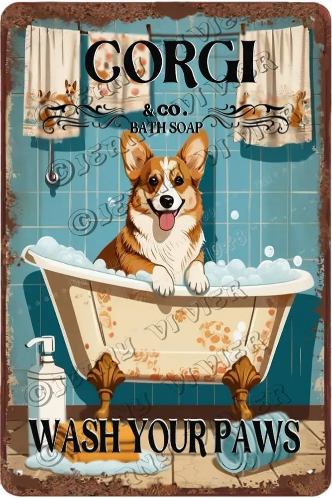 Corgi Decor Wash Your Paws Decor Dog Art Retro Aluminum Sign 5.5x8 IN Metal Tin Sign Funny Bathroom Wall Decor Dog Gifts Corgi D