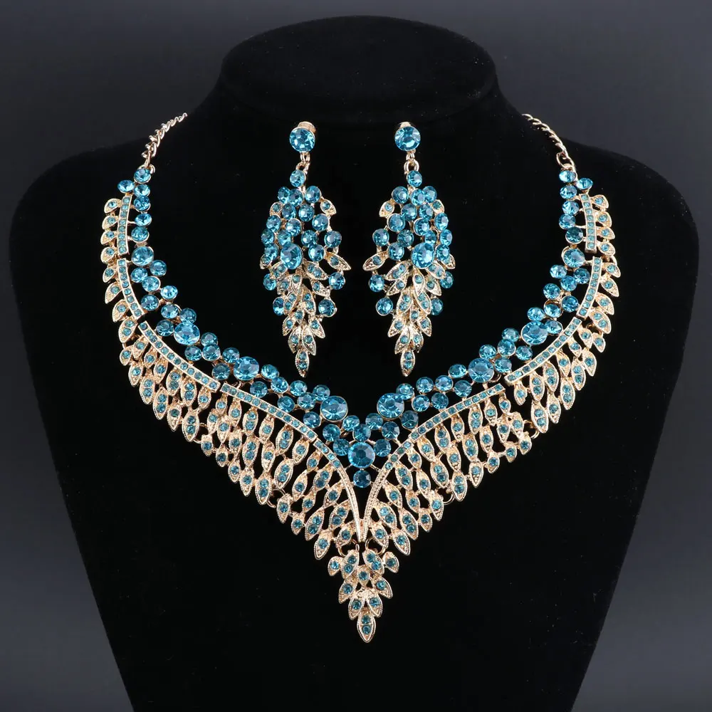 Luxury Austrian Crystal Necklace Earrings Rhinestone Bridal Wedding Party Costume Jewelry Sets for Brides Bridesmaids Women