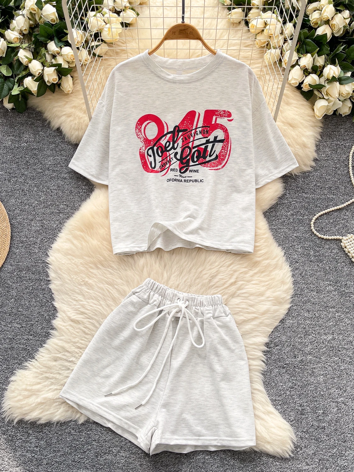 Casual Summer Faion Letter Print round Ne ort Sve T-irt High Waist Belted orts Set Women's Small Size Clothing