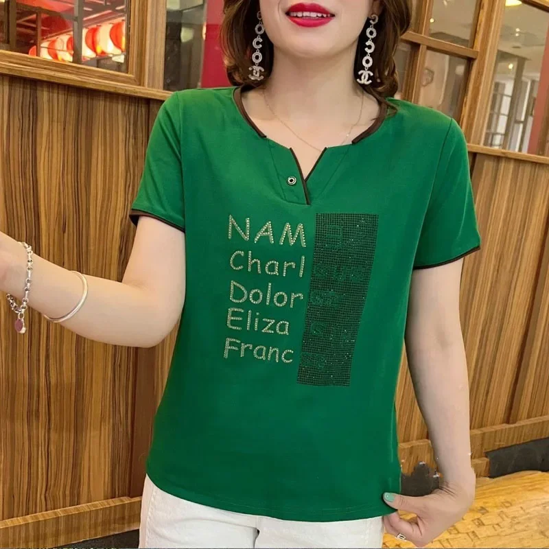 Womne Summer New Appear Thin Round Neck Diamonds Short Sleeved Tops Fashion All-match Large Size Temperament Office Lady T-shirt