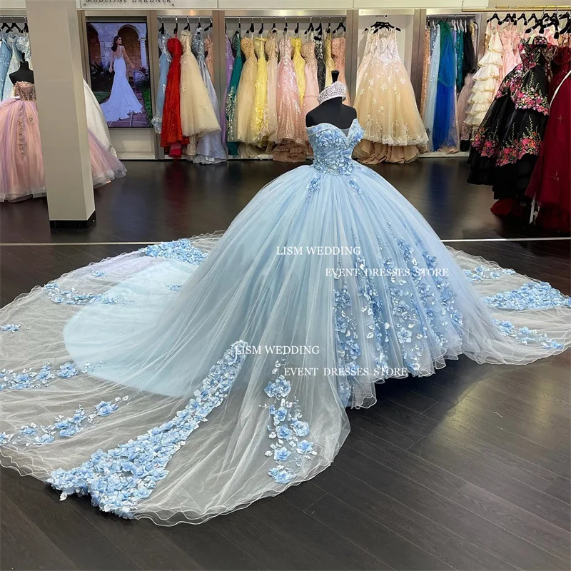 LISM Light Blue Tulle 3D Flowers 15 Quinceanera Dresses Glitter Sweetheart A-Line Ball Gowns Birthday Party Dress Custom Made