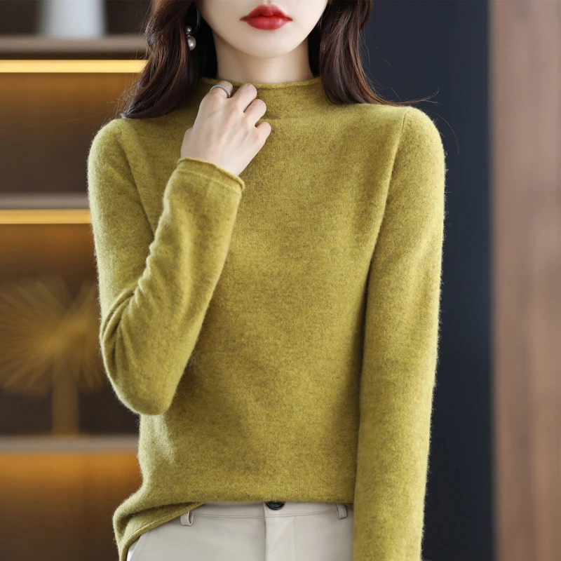 Women\'s Half Turtleneck 100% Merino Wool Pullover Autumn/Winter Warm Solid Knit Sweater With Rolled Edge Solid Pullover Sweater