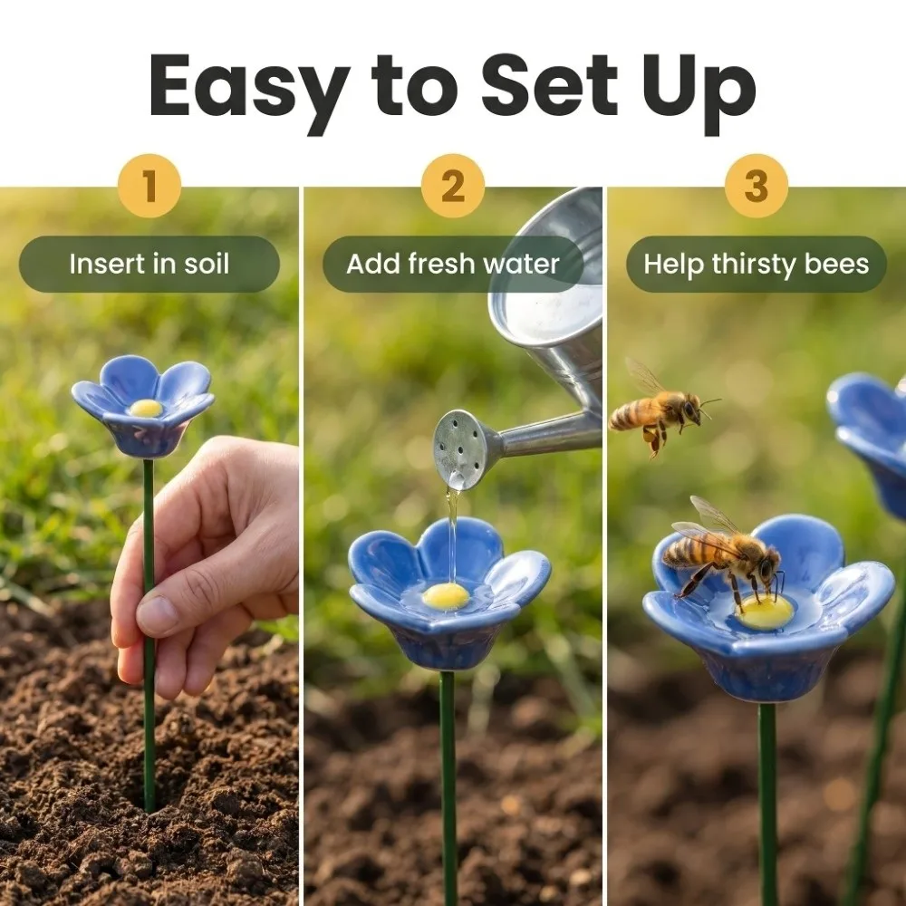 3 pcs Flower Shape Bee Butterfly Water Dispenser Ceramic DIY Insect Drinking Cup Gifts Garden Decoration Artificial Flower