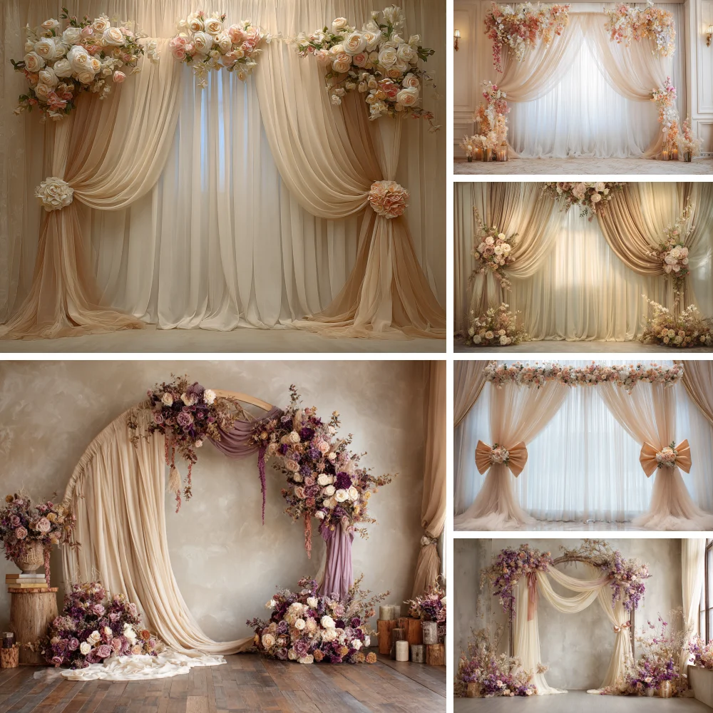 

Vintage Interior Window Curtain Flowers Wedding Backdrop Decor Pregnant Newborn Portrait Photography Background Studio Props