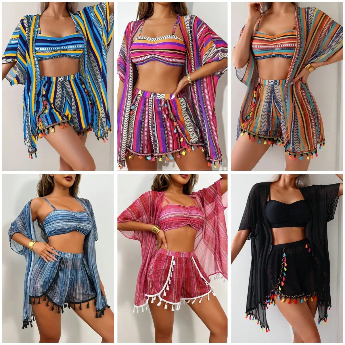 

Swimwear Women Bikini Sets With Shorts Bikinis Women's Two-piece High Waist Shorts Swimsuit Striped Pattern Sheer Fabric Two