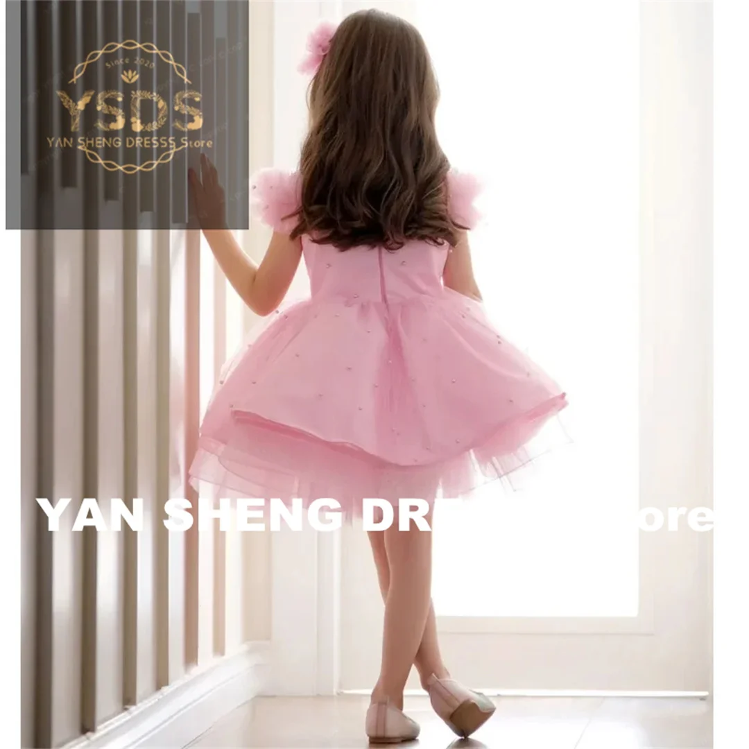 Customized Flower Girl Dresses Pink Satin Tulle Puffy Pearls Short Sleeve For Wedding Birthday Banquet Princess Holy Communion G