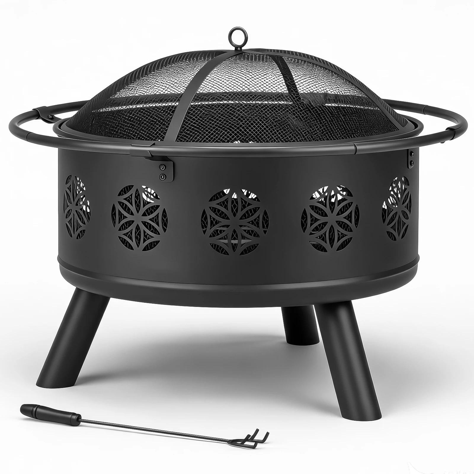 30in Round Wrought Iron Fire Pit with Eternal Flower Cutout Wood Burning Hinged Spark Screen Lid Lift Ring Poker for Backyard Patio Garden Camping