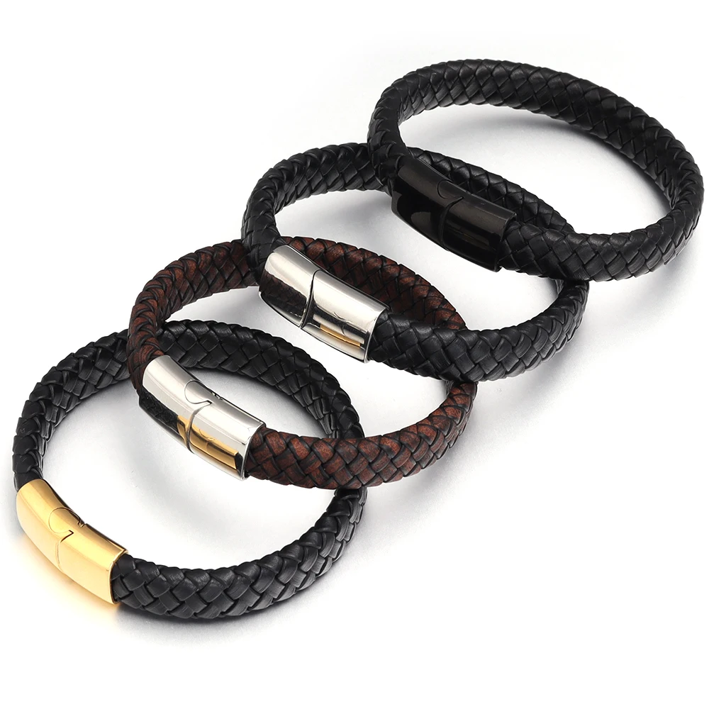 18.5/20.5/22cm Vintage Hand Braided Leather Bracelets Stainless Steel Magnetic Clasps Bracelets For Men Womn Jewelry Gifts