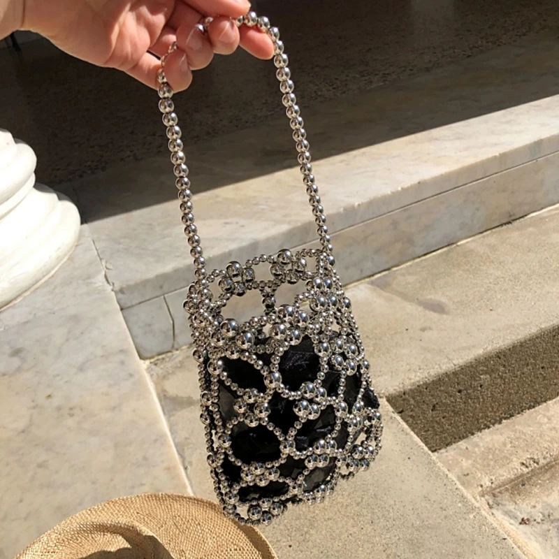 new nice hollow  design handbag bag silver imitation metal plating handmade glitter beaded bag