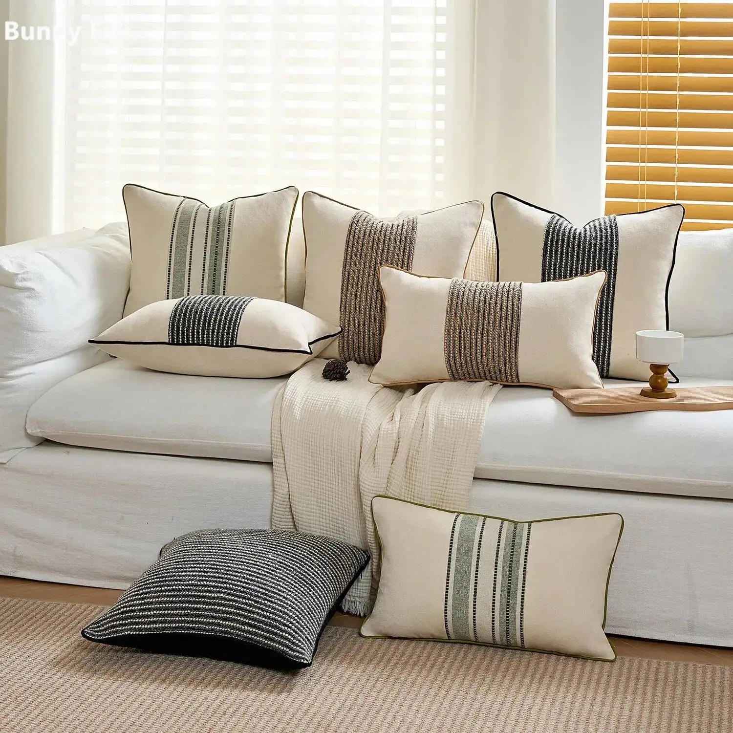 Garngefärbter Baumwoll- und Leinen-Patchwork-Kissenbezug im gestreiften Boho-Stil, dekorativer Kissenbezug mit Rand für Sofa- und Bettdekoration