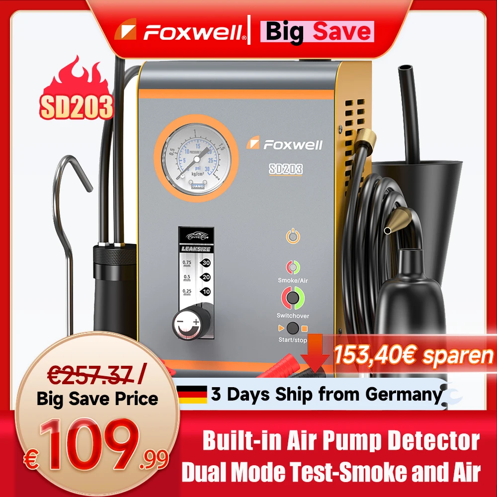 Foxwell sd203 máquina de fumaça automotiva 12v bomba de ar embutida evap detector de vazamento a vácuo testador de diagnóstico de vazamento de tubulação de carro