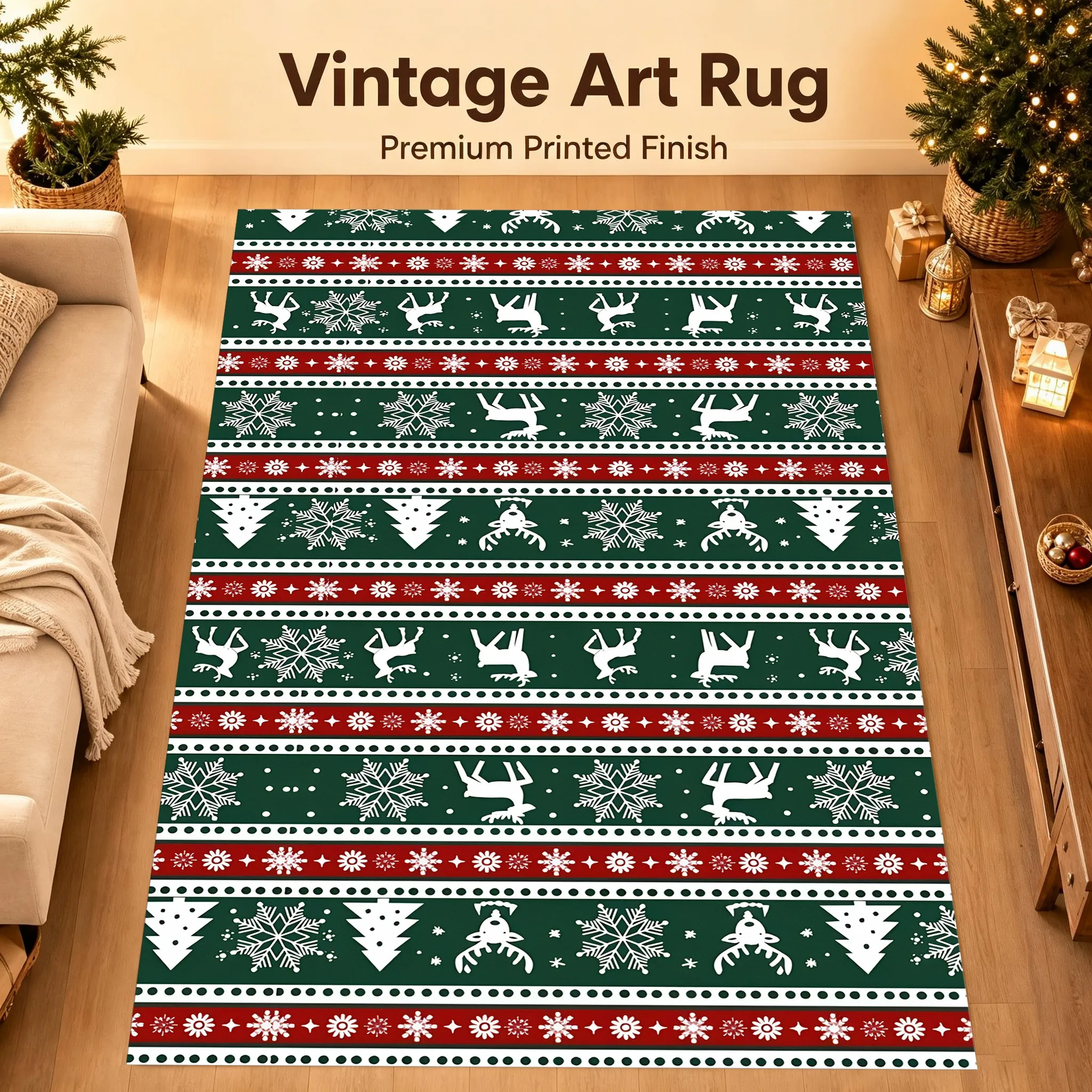 Reindeer, Snowflake, Christmas Tree, Retro Striped, Nordic Style, Christmas Atmosphere, Living Room, Bedroom, Entryway, Autumn and Winter Warm-Toned Soft Furnishings, Velvet Carpet