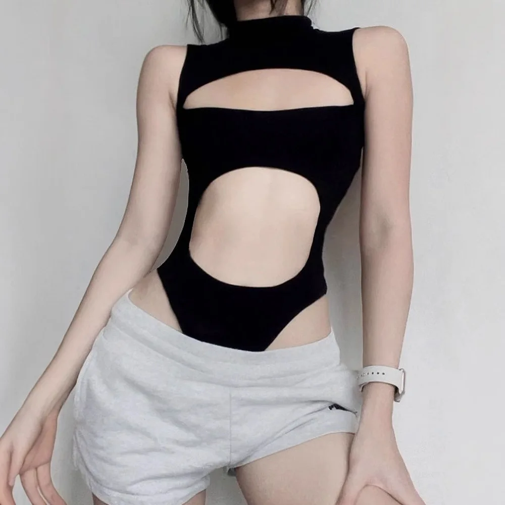 

Sexy Hollow out Asymmetrical Svel Swimsuit for Women Design Sensual Bla Hollow Ba Strapl Bodycon Top