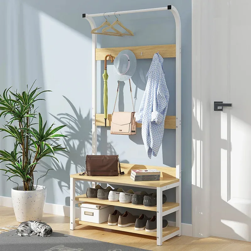 Simple Multi-Hook Clothing And Stand Wood 2 Layer Shoes Storage Hat Cloth Bag Coat Hanger Floor Standing Rack