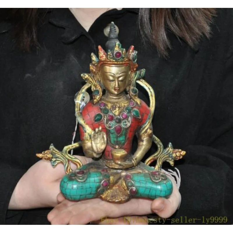 

Old Tibetan Buddhism bronze Gilt inlay gem turquoise Tara Guanyin Buddha Statue