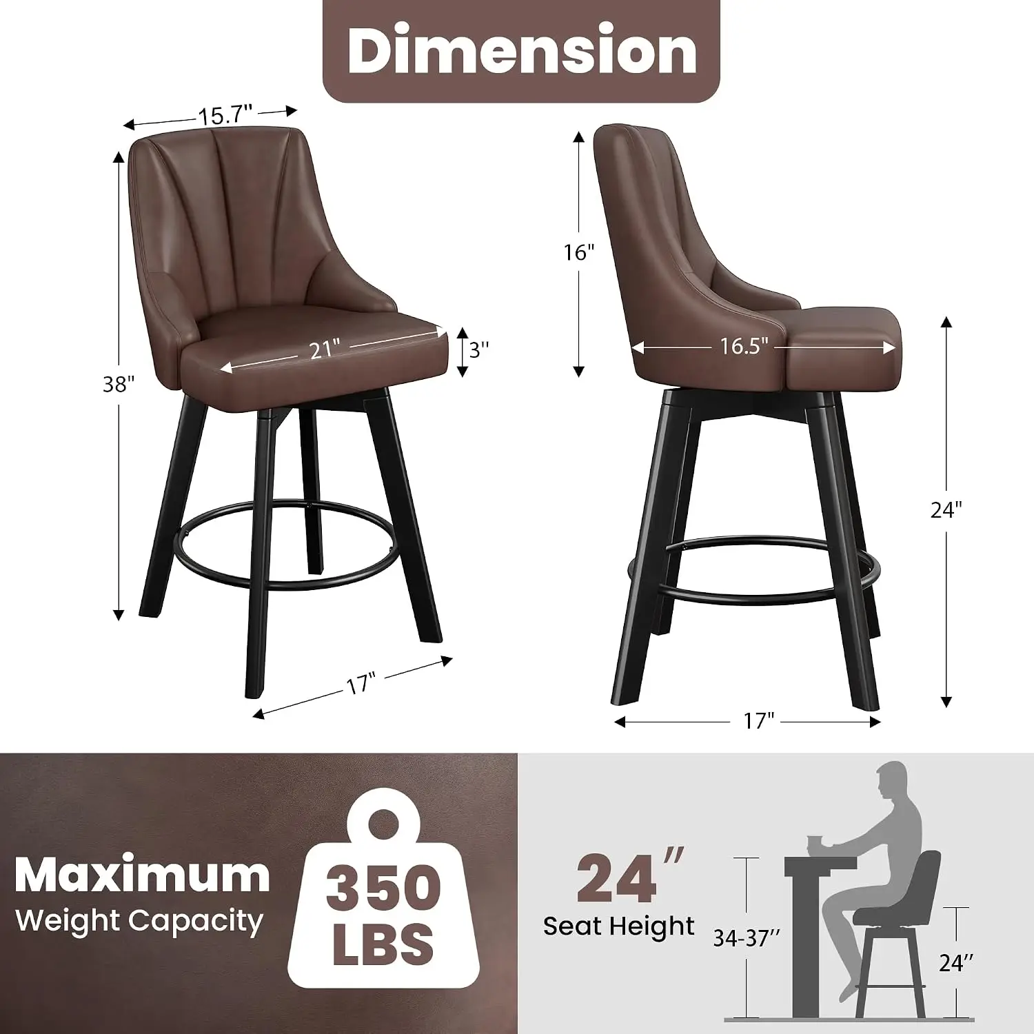 Set of 2 Swivel Bar Stools with Back, 24 Inch Counter Height PU Leather Bar Chairs with Solid Wood Legs for Kitchen Island