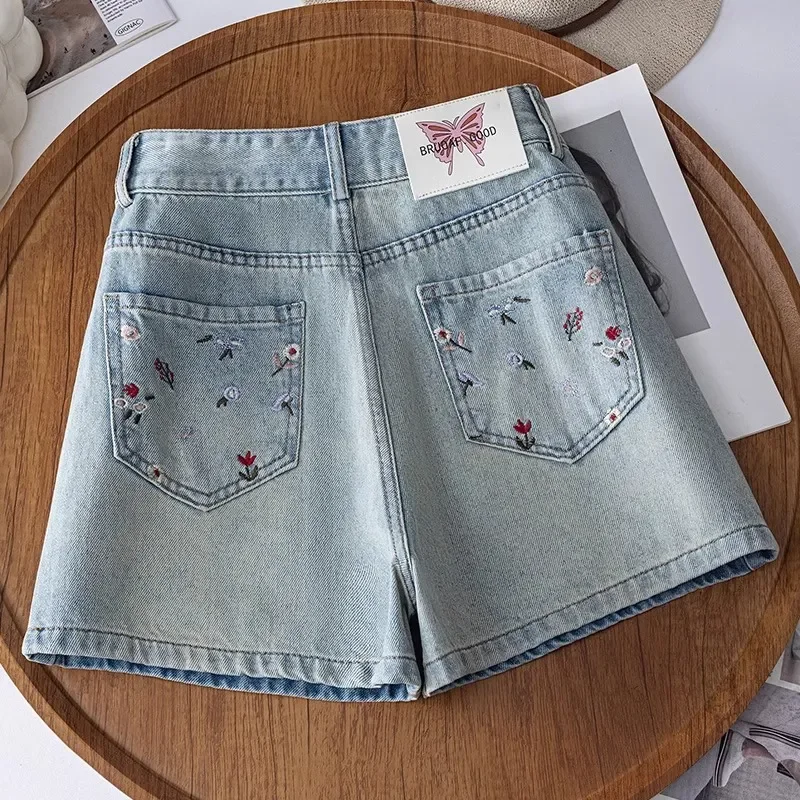 Light Blue High-Waisted Denim Shorts with Floral Embroidery Casual Summer Women's A-Line Hot