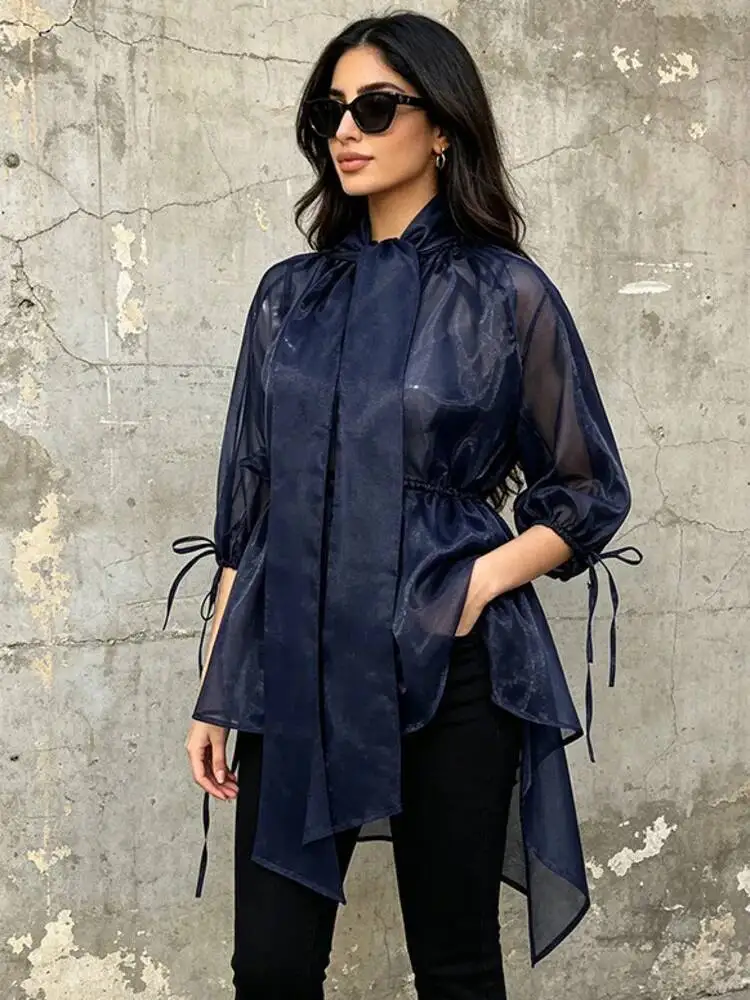 ONEXWEN 2026 New Navy Blue Organza Blouse For Women Sheer Bow Tie Neck Puff Long Sleeve Cinched Waist Peplum See-Through ZM5351