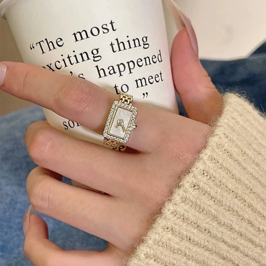 Fashion Zircon Square Clock Chain Open Ring Charm Clock-Shape Finger Ring For Women Girls Jewelry Gift Wholesale