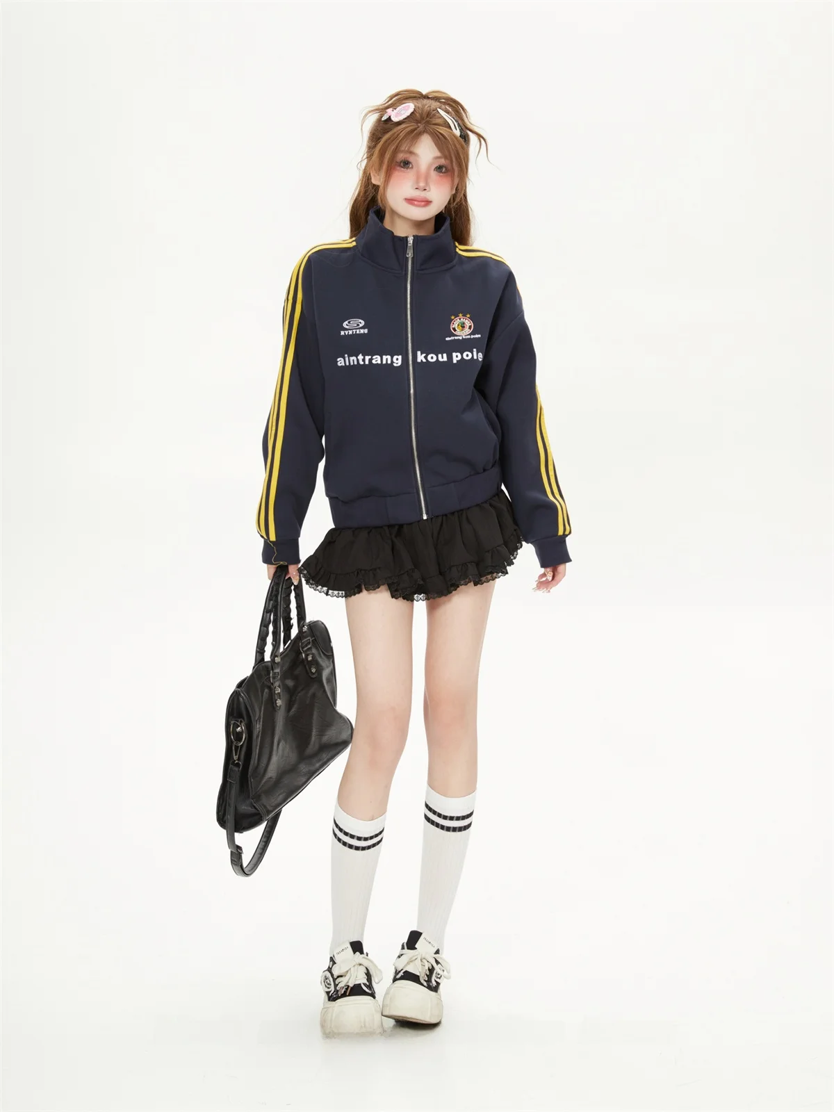 Blue Striped Embroidered Short Sweatshirt Cardigan Women's Spring Autumn Fashion Outerwear Beautiful Dopaamine Commute Style
