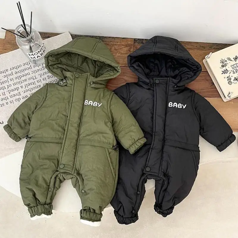 

2024 Winter New Baby Plus Velvet Thick Warm Romper Toddler Boy Girl Letter Jumpsuit Newborn Infant Warm Padded Clothes 0-3T