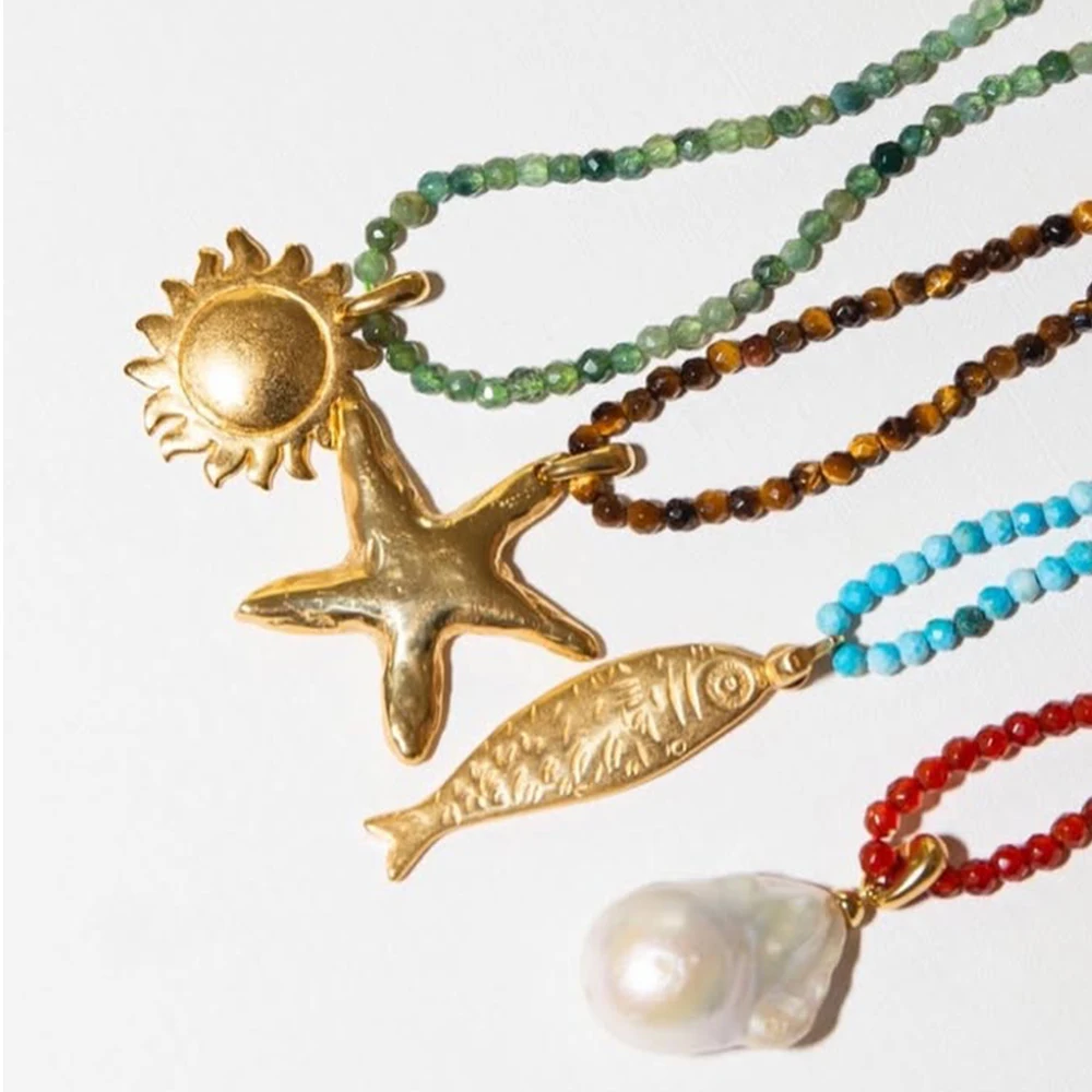 

AIKOER Beach Ocean Vacation Style 18K Gold Color Stainless Steel Sun Starfish Pendant Necklace Natural Stone Bead Necklace Women