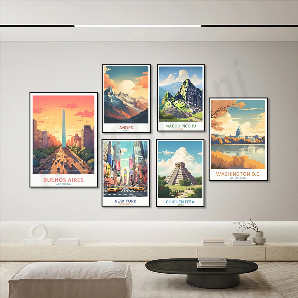 Andes mountains, Havana, Manila, Rio de Janeiro, Peru, Hawaii, Chichen Itza, Argentina, Arizona, Washington DC travel posters