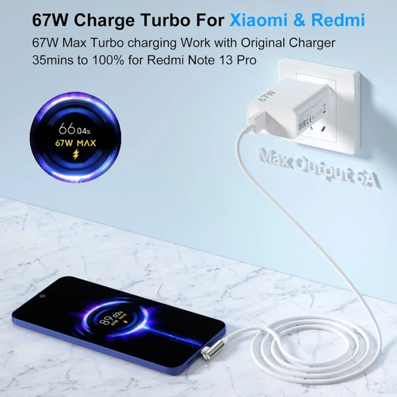 67W Fast Wall Charger 6A Type C USB Cable for Xiaomi 11 12 Lite 13T 14 Ultra Redmi Note 11T 12T 13 POCO X3 X4 X5 X6 F4 F5 M6 Pro