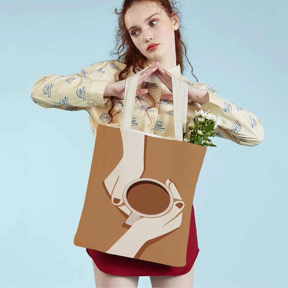 Coffee Espresso Americano Mocha Supermarket Shopper Bag Tote Handbag Fashion Cartoon Lady Reusable Women Shopping Bags