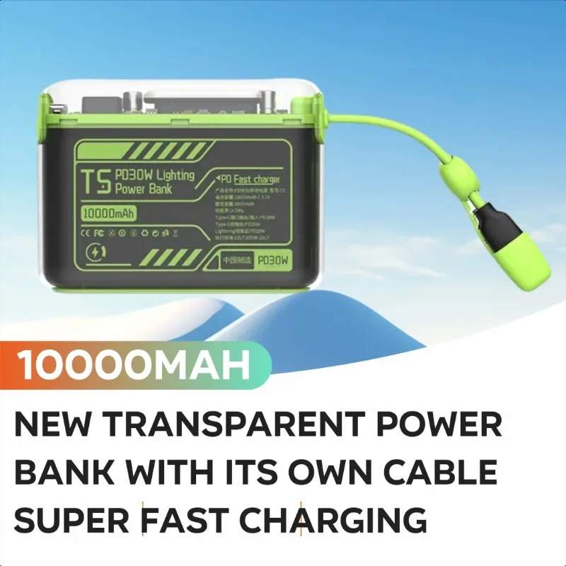 

New Transparent Power Bank with Its Own Cable Super Fast Charging PD30W Large Capacity 10000mAh Portable Mobile Power Supply
