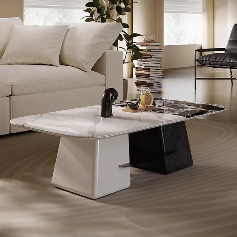 

Italian minimalist rock slab high-end creative living room household black and white coffee table combination size apartment