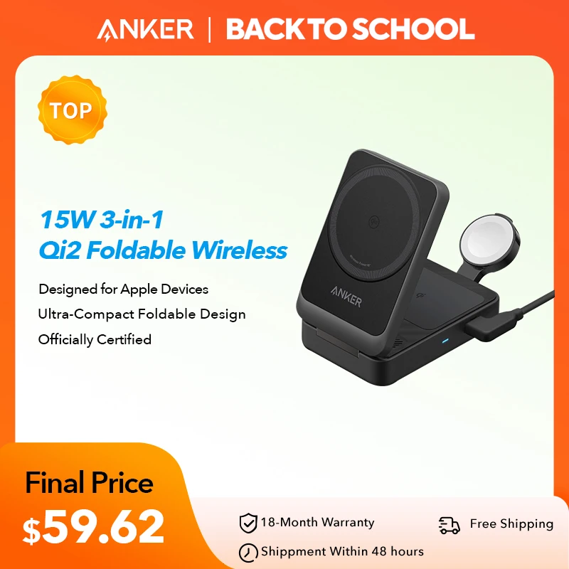 Anker MagGo 3-in-1 Charging Station, Qi2 Certified 15W MagSafe-Compatible Wireless Charger Stand,Apple Watch Charger for MagSafe