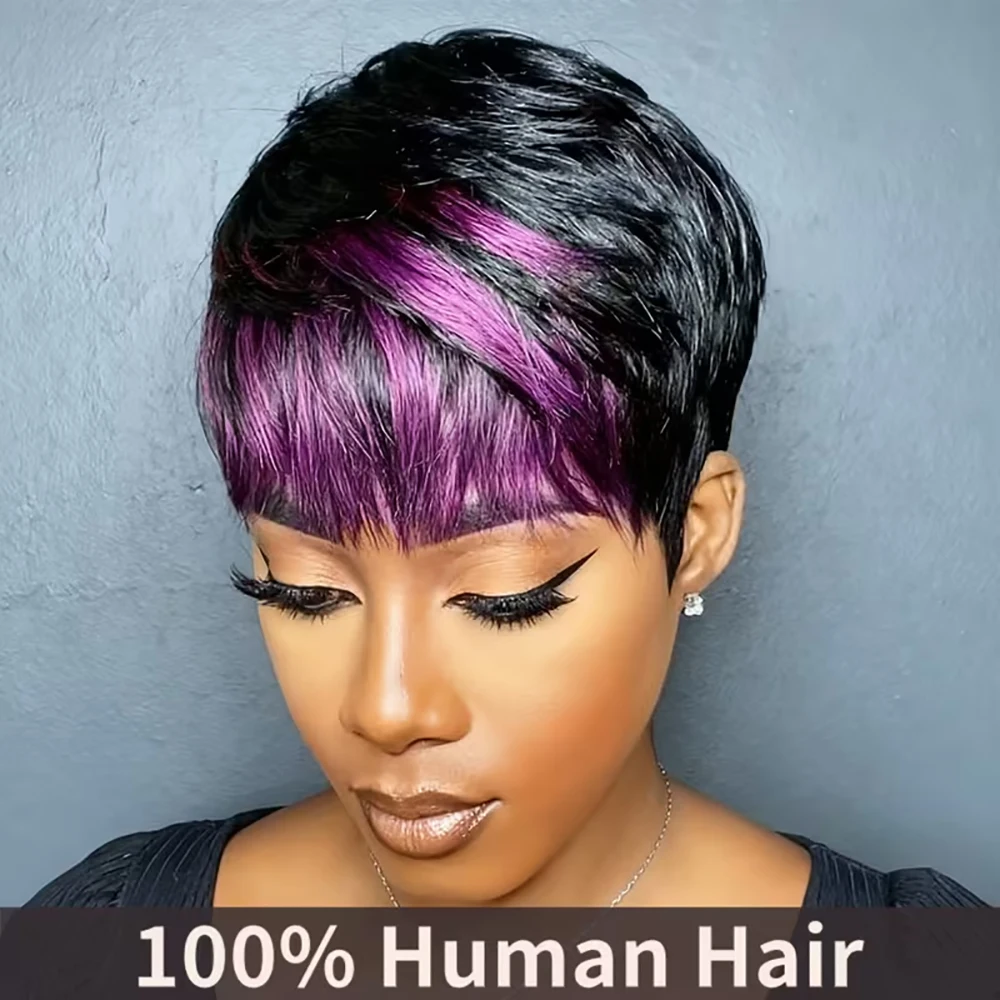 الأرجواني تسليط الضوء على قصة عابث قصيرة شعر مستعار شعر طبيعي مفرود الباروكات مع الانفجارات قبل قطعها للنساء شعر مستعار آلي صنع