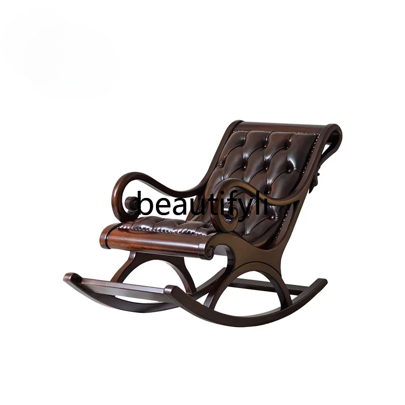 

American sofa chair solid wood rocking chair leather adult recliner lazy sofa rocking chair home leisure