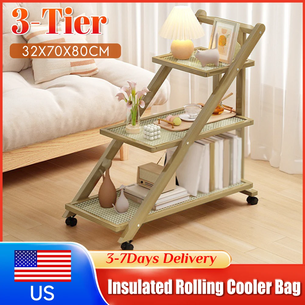 

3Tier End Table with Wheels Rolling Cart Storage Shelves Adjustable Coffee Side Table Bedside Table for Living Room Bedroom Home