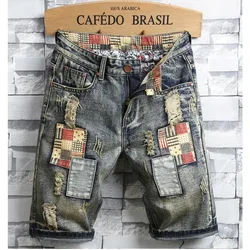 Men Retro Holes Denim Shorts Men Summer Ripped Straight Fit Shorts Jeans Men Patch Knee Length Cowboy Jeans Shorts Size 40