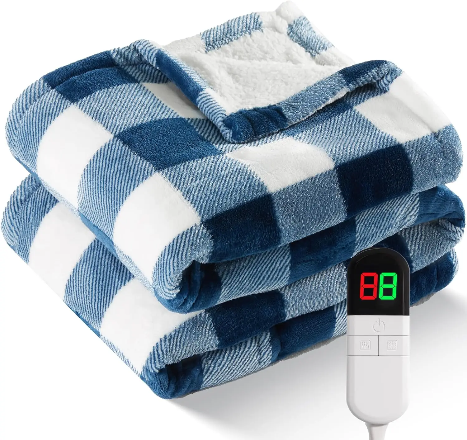 

Electric Heated Twin Blanket with 8 Heat Levels & Auto Off, Fast Heating Washable Sherpa Plaid Blue