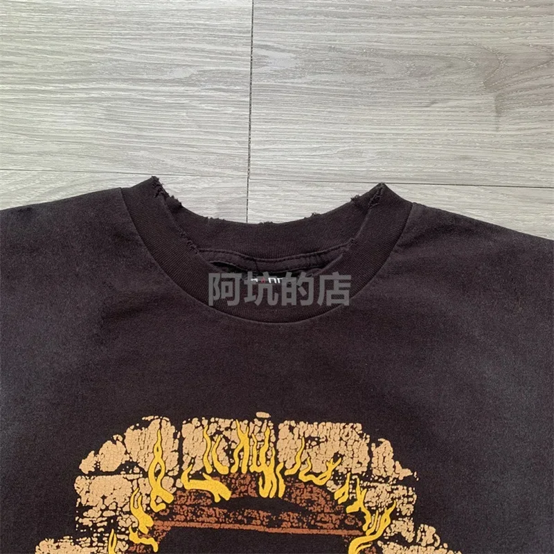 25SS القطن الخالص سانت مايكل لهب نمط هوديس الرجال النساء 1:1 غسلها أسود بأكمام طويلة تي شيرت